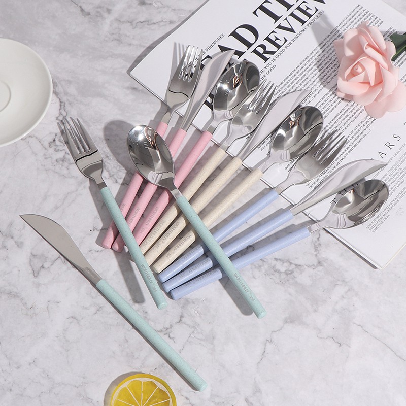 [baishangworshipwell♥]3*Stainless Steel Tableware With Wheat Straw Handle Knife Fork Spoon Dinner Set