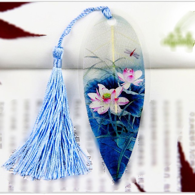 Bookmark hoa sen xanh gân lá cổ trang tua rua kẹp sách đánh dấu trang tiện lợi quà tặng xinh xắn đáng yêu