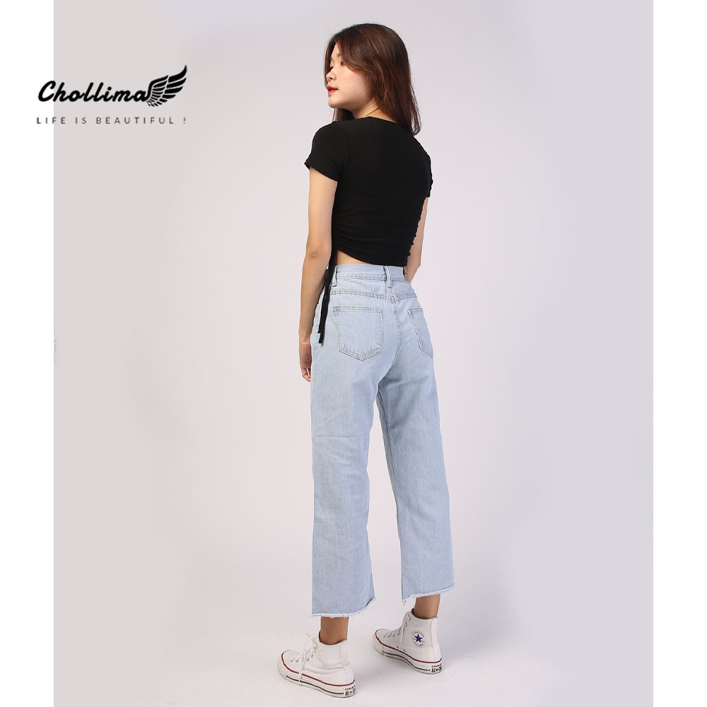 Quần jeans baggy nữ Chollima ống rộng trơn tua lai màu trắng bạc QD014 phong cách hàn quốc