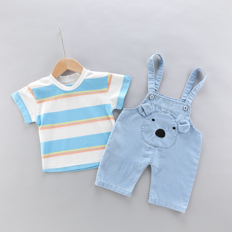 Set Đồ Mùa Hè 2 Món Gồm Áo Thun Sọc + Áo Liền Quần Denim Hoạt Hình Thời Trang Cho Bé Trai /