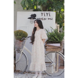 Đầm hoa đuôi cá dáng dài qua gối tay phồng