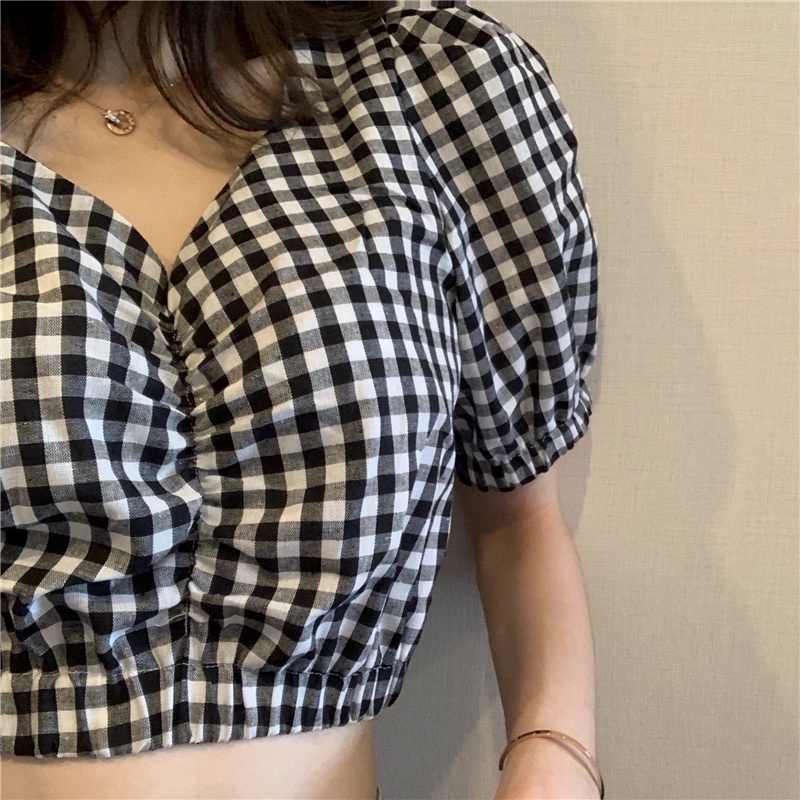 Áo sơ mi NZN tay phồng ôm dáng họa tiết sọc caro thời trang mùa hè dành cho nữ