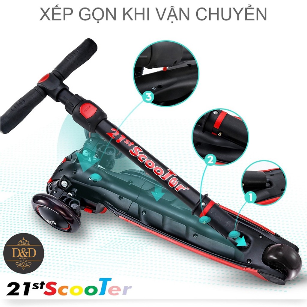 Xe trượt scooter 21st có giảm xóc, 3 bánh phát sáng cao cấp cho bé (Tặng kèm bộ bảo hộ 7 món & nhiều quà khác)