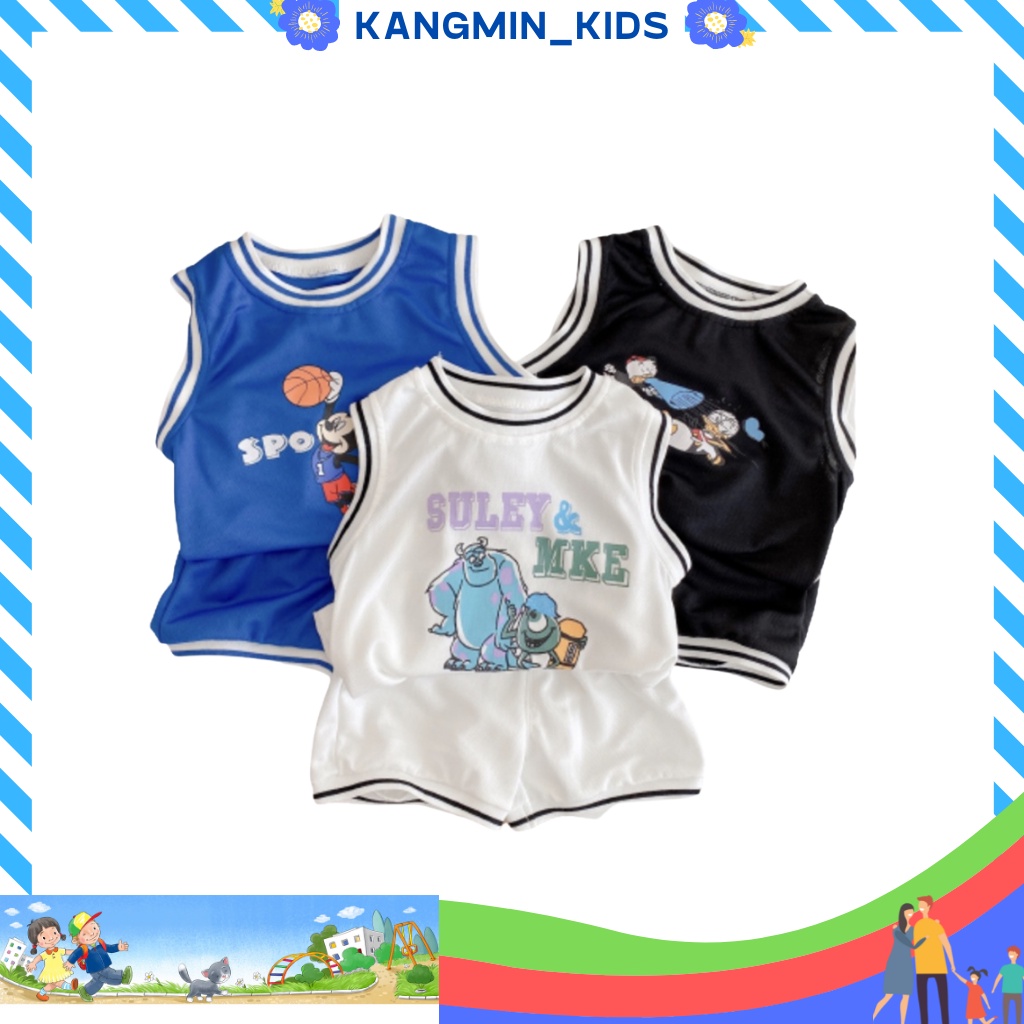 Bộ ba lỗ sát nách bóng rổ cho bé trai KANGMIN KIDS, bộ thể thao bé trai chất cotton thông hơi từ 6-28kg