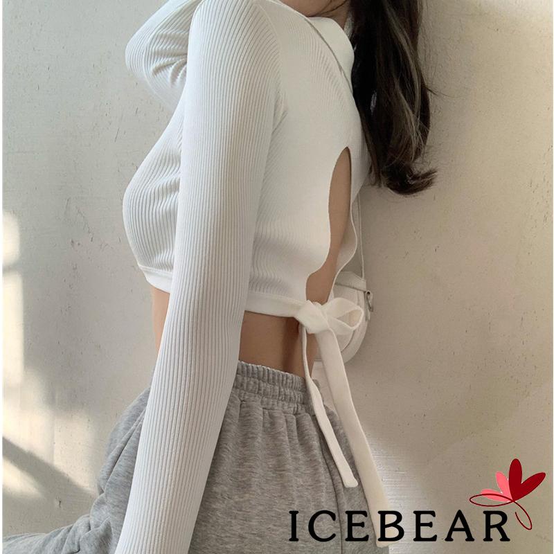 Áo Croptop Dệt Kim Tay Dài Cổ Chữ V Khoét Sâu Màu Trơn Thắt Nơ Sau Lưng Thời Trang Cho Nữ