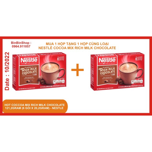 [Mua 1 hộp tặng 1 hộp cùng loại] Bột cacao Mỹ Nestlé Hot Cocoa Mix Rich Choolate hộp giấy (6 gói x 20,2gr) -Date 01/2024