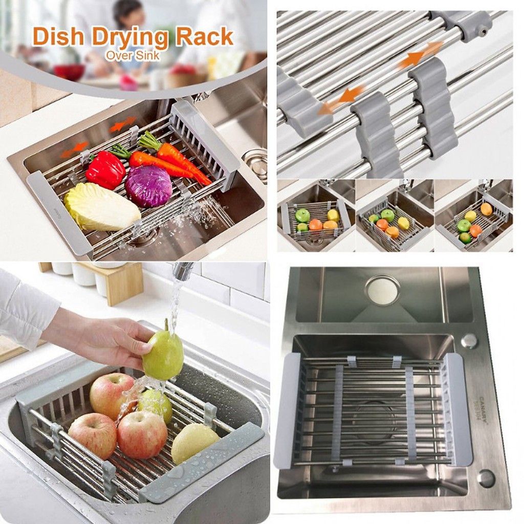 Kệ Inox Đựng Chén Bát Rau Củ Co Giãn Để Bồn Rửa Chén Tiện Dụng