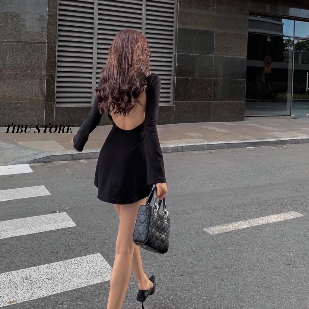 Đầm body nữ đen hở lưng tay dài TiBu, váy ôm dáng sexy cổ thuyền phối lưng dây xoắn mặc đi chơi, dự tiệc