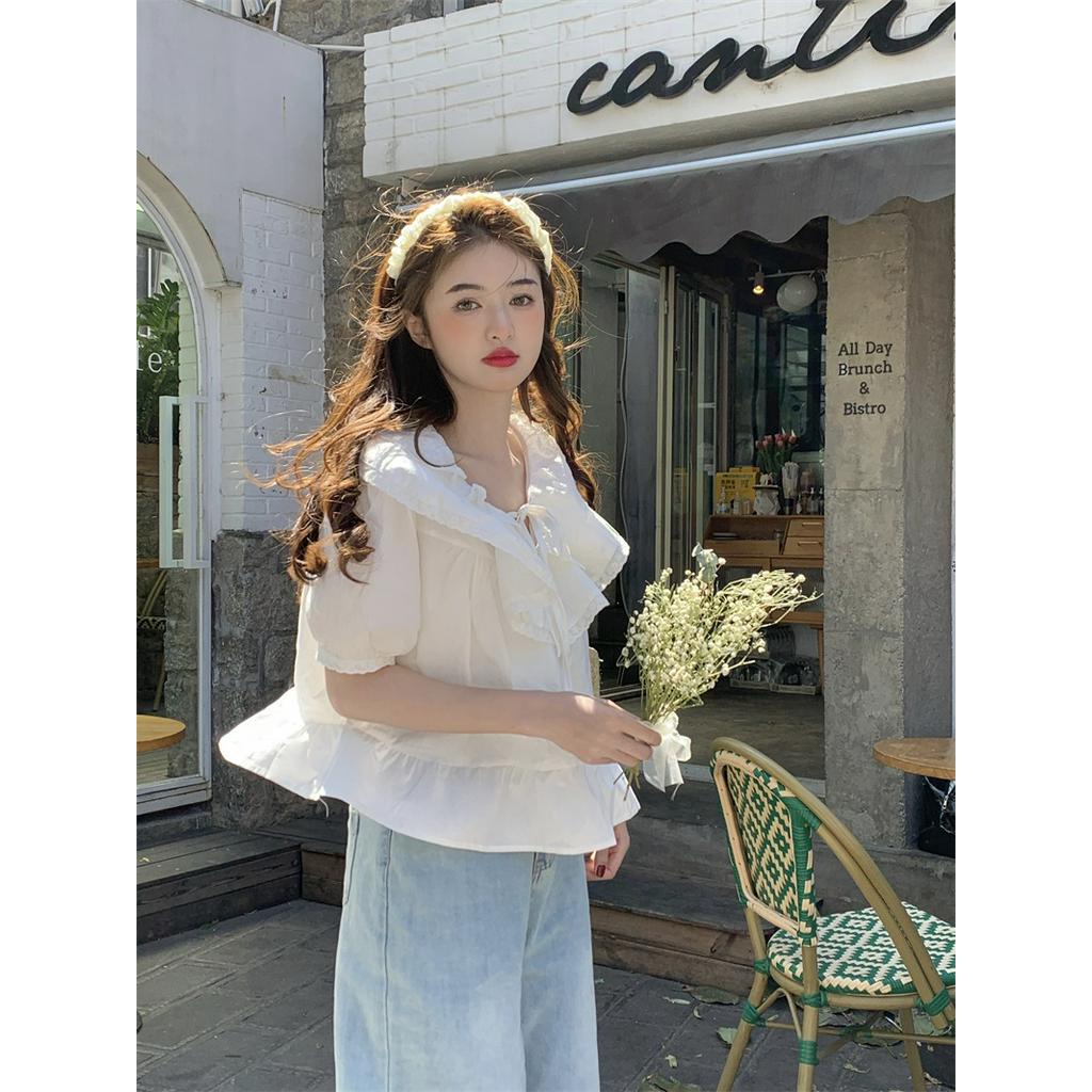 Áo Sơ Mi Tay Ngắn Rộng Có Dây Buộc Đôi Phong Cách Mới 63325