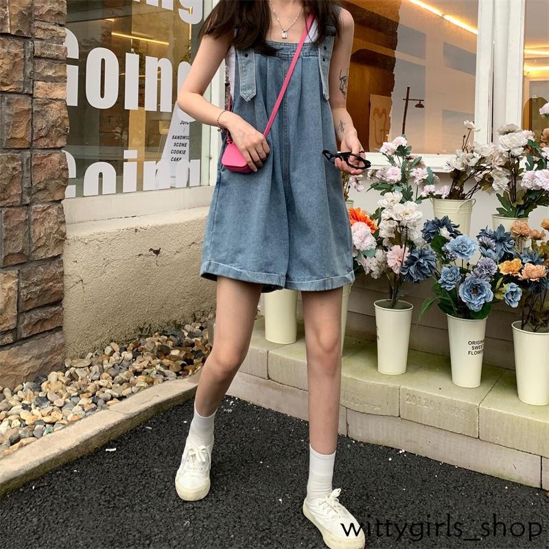 Wittygirls_ Shop | Quần Yếm Denim Ống Rộng Dễ Thương Phong Cách Retro Cho Nữ