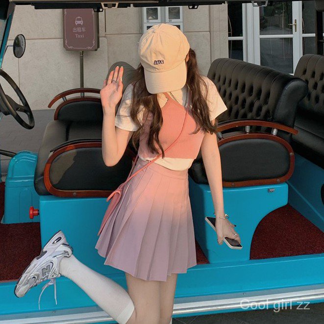 Set Áo Thun Cổ Tròn + Chân Váy Xếp Ly Màu Hồng Phong Cách Hàn Quốc Cổ Điển Thời Trang Cho Nữ