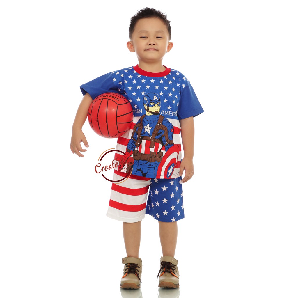 Bộ quần áo tay ngắn in hình Captain America cá tính cho bé trai 2-7 tuổi