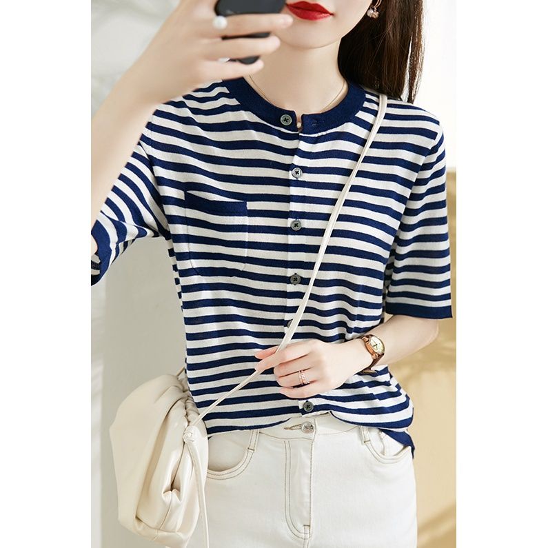 Mềm Mại và nhẹ nhàng!Áo Khoác Cardigan Ngắn Tay Họa Tiết Kẻ Sọc Thời Trang Mùa Hè Cho Nữ
