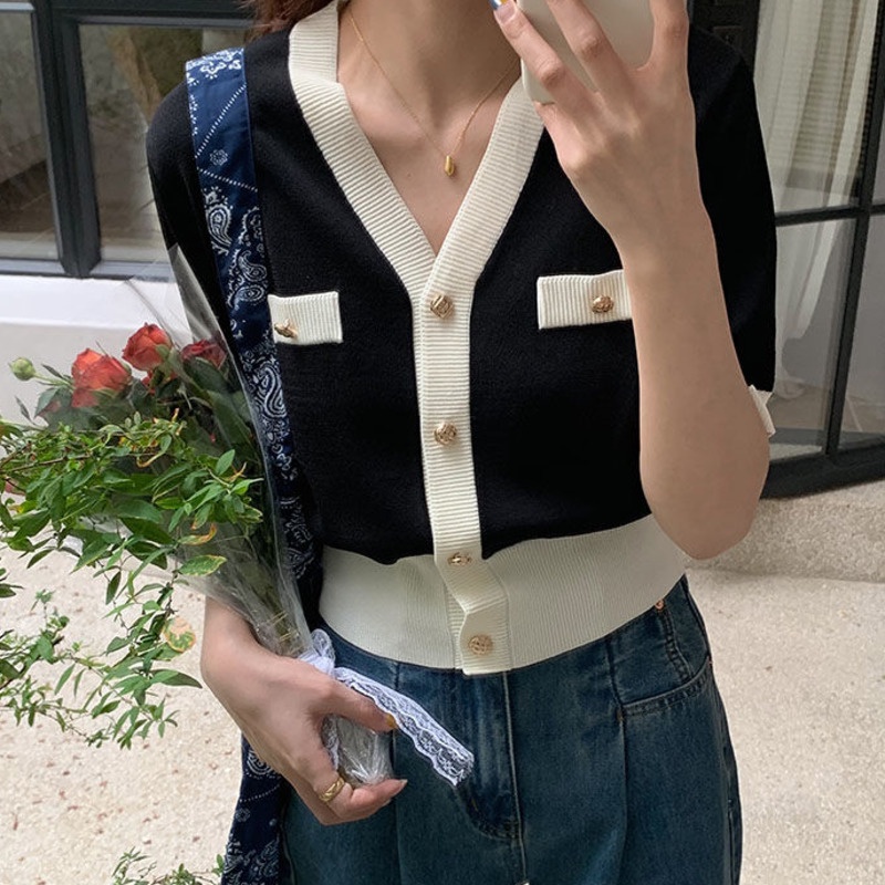 Áo Cardigan Ngắn Tay Cổ Chữ v Màu Sắc Tương Phản Thời Trang