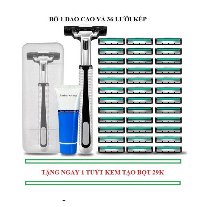 sét dao cạo râu kèm 36 lưỡi dao kép  tặng kèm lọ kem cạo râu Bao gồm 1 cán cạo + 36 lưỡi dao cạo ( lưỡi kép) + 1 lọ kem