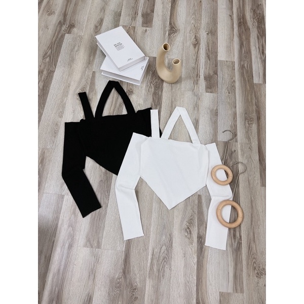 Áo cotton trễ vai dây chéo vai tay dài tà nhọn (2 màu)