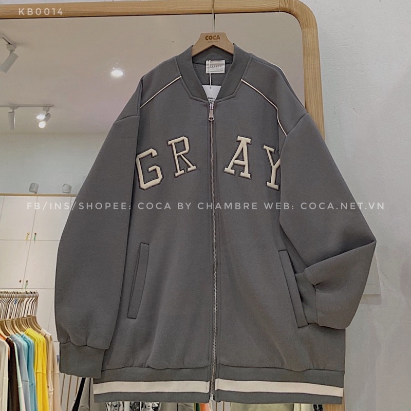 [KB0014]⚙️ Áo khoác BOMBER nỉ bông dày phối viền thêu nổi GRAY form rộng (Có sẵn/ảnh thật) | BigBuy360 - bigbuy360.vn