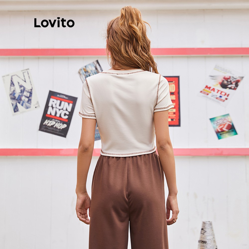 Áo thun Lovito đường viền màu tương phản in họa tiết hoạt hình phong cách cổ điển thường ngày L14D009 (Màu kaki) | BigBuy360 - bigbuy360.vn