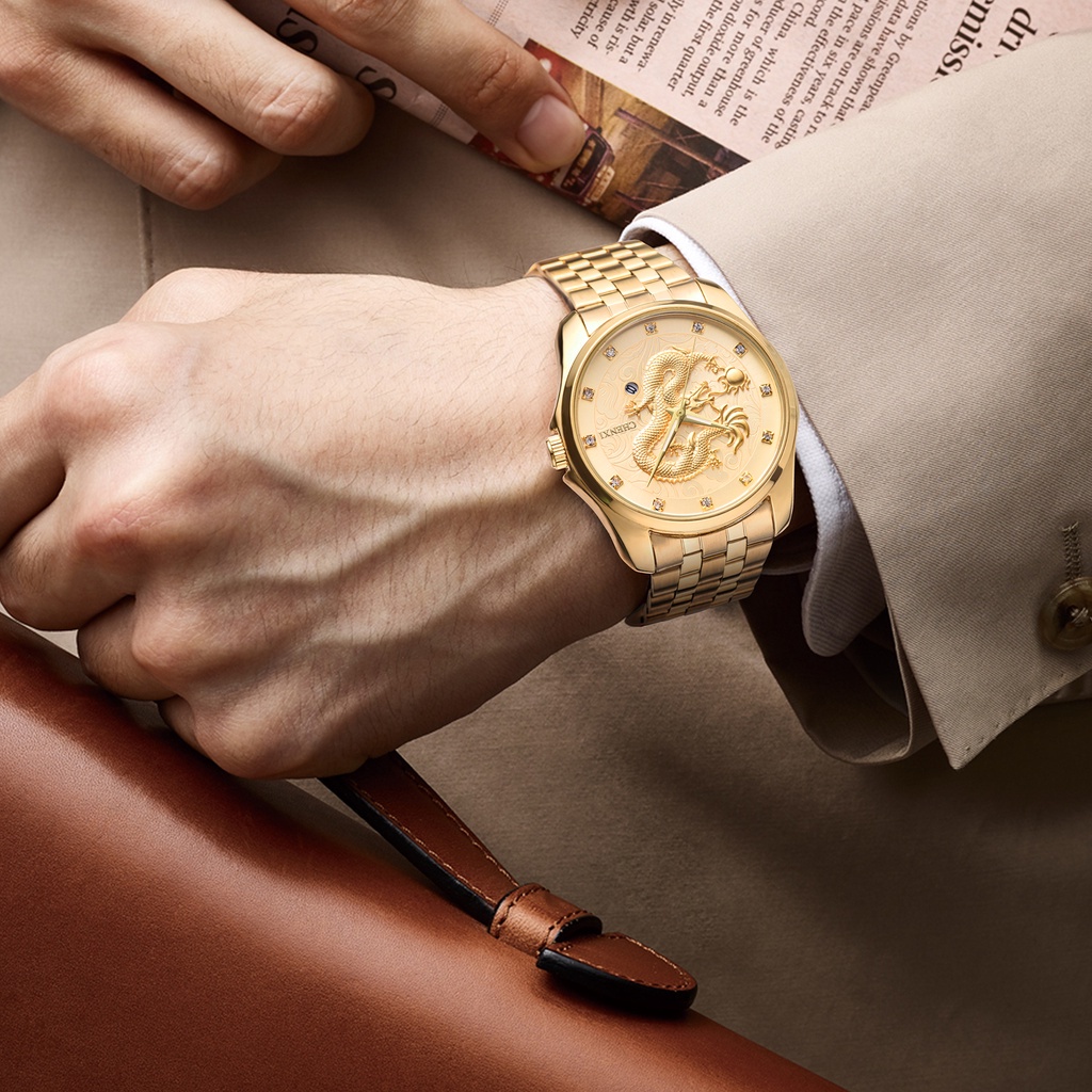 Đồng Hồ Quartz Chexi Dragon Dập Nổi Chất Liệu Thép Không Gỉ Mạ Vàng 8220