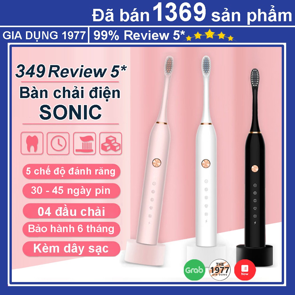 Bàn chải điện cao cấp 5 cấp độ kiểu dáng sang trọng, bàn chải điện tự động đánh răng kèm 04 đầu thay thế tiện lợi