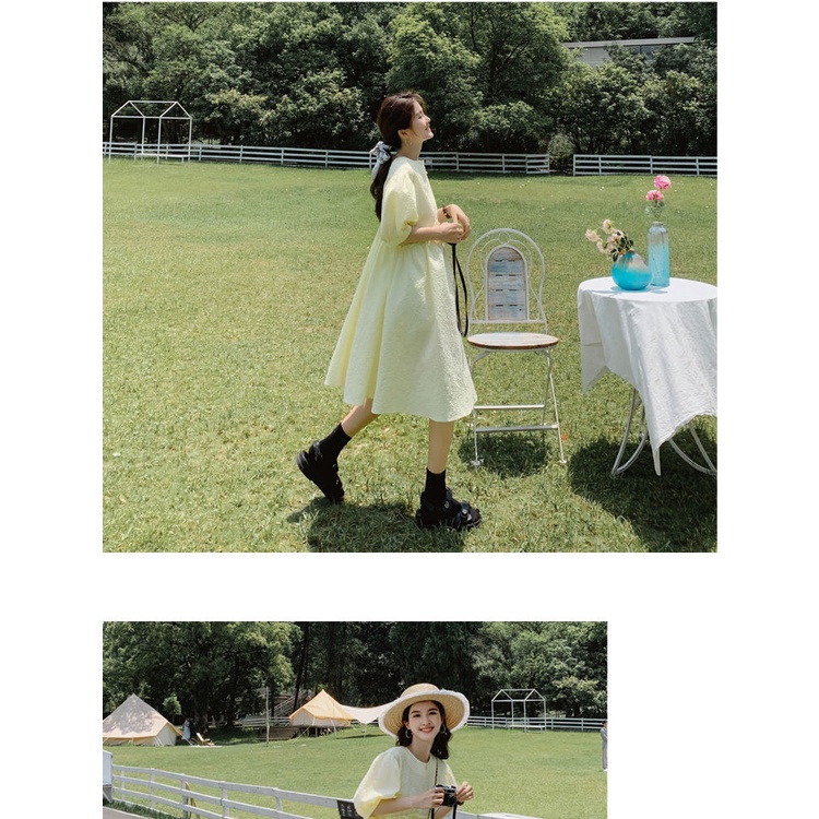 Đầm Công Chúa Tay Phồng Dáng Rộng Màu Vàng Nhạt Phong Cách Hàn Quốc Thời Trang Cho Nữ