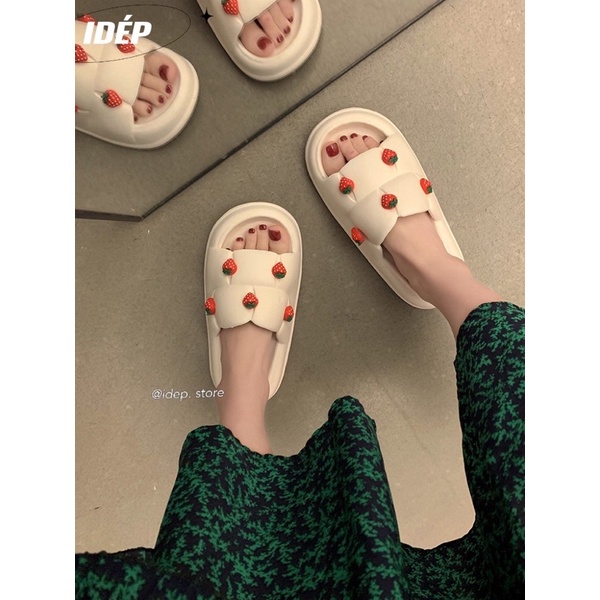 Dép Bánh mì hình vuông gắn sticker DÂU TÂY cao 3cm nữ quai ngang chất EVA siêu nhẹ iDÉP DL260