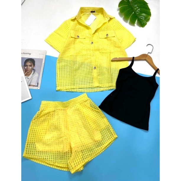 Sét bộ lưới nữ sơ mi tay ngắn kèm áo dây lót màu sắc trẻ trung GKM