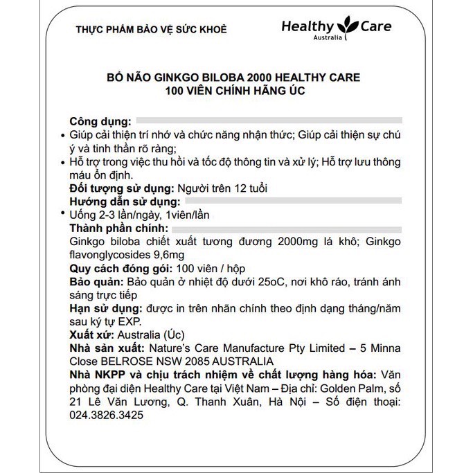 Bổ não Úc Healthy Care Ginkgo Biloba 2000mg 100 viên, hàng chính hãng