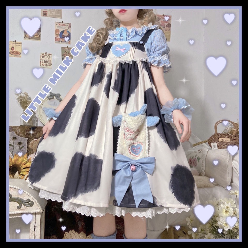 ♛❂Cacao chính hãng bò mô hình in bánh sữa nhỏ váy lolita váy jsk dây treo