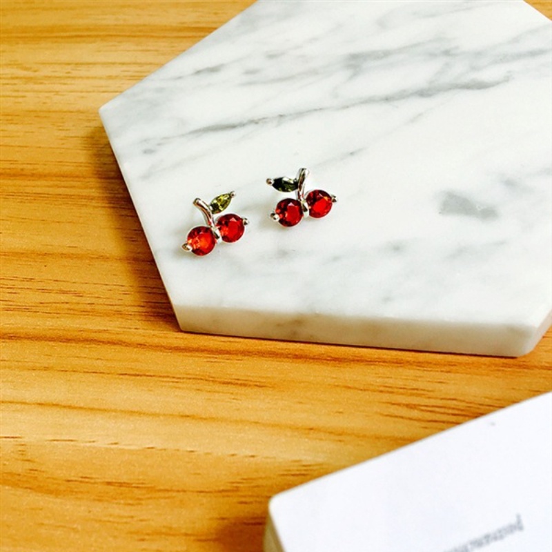 Hoa tai thời trang nữ phong cách Hàn Quốc Hoa tai đính kim cương đỏ anh đào dễ thương