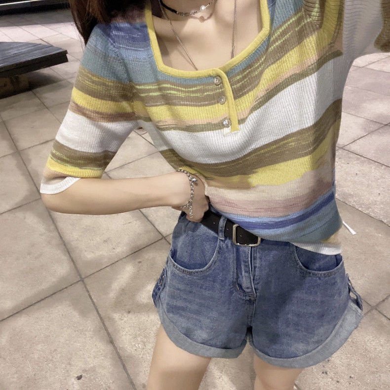 COZOK Áo Thun Dệt Kim Ngắn Tay Cổ Vuông Họa Tiết Sọc Cầu Vồng Cá Tính