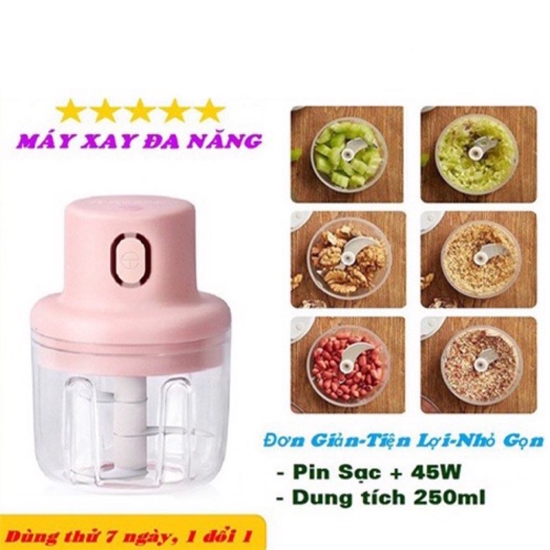 Máy Xay, cối xay Tỏi, Ớt, Rau, Hành...Mini Cầm Tay Sạc Điện, Cổng USB, Dung Tích 250ml