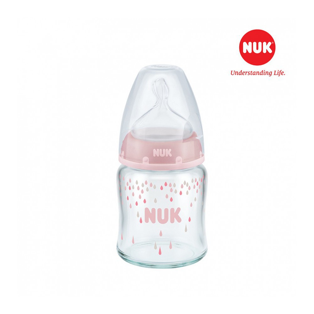 Bình Sữa Nuk Thủy Tinh 120ml Đi Kèm Núm Ty Silicone Cổ Rộng Made in Germany