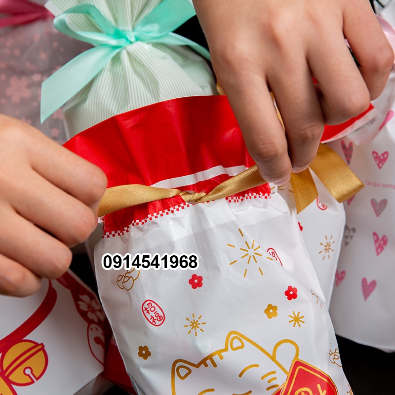 Túi đựng quà hình mèo thần tài may mắn, túi có sẵn nơ, túi gói quà tặng, bánh kẹo