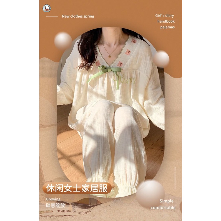 Bộ Đồ Ngủ Tay Dài Chất Liệu Cotton Dáng Rộng In Họa Tiết Hoạt Hình Gấu Dễ Thương Thời Trang Xuân Thu Cho Nữ