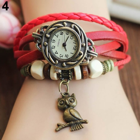 MACmk Women Retro Braided Faux Leather Bracelet Owl Decor Beaded Quartz Wrist Watch