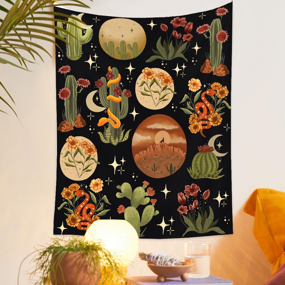 Thảm treo tường hình cây xương rồng/ nấm/ mặt trăng phong cách Bohemian độc đáo trang trí nhà cửa