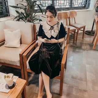 Váy nhung babydoll cổ tiểu thư