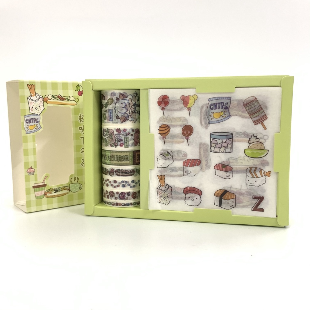 Hộp combo Sticker kèm Washi tape WS06 - Nhãn dán phong cách dễ thương trang trí sổ