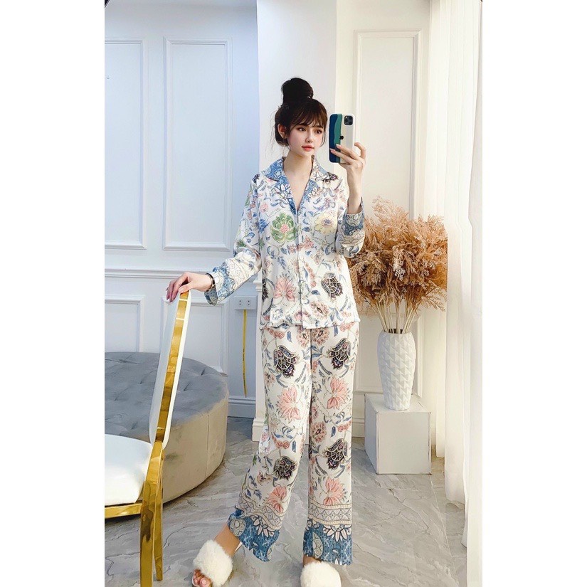 Đồ bộ ngủ nữ pijama XM lụa latin dài tay họa tiết | BigBuy360 - bigbuy360.vn