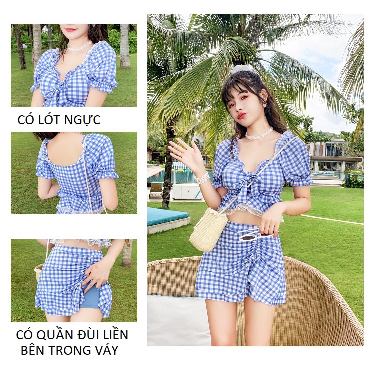 BỘ ĐỒ BƯƠI NỮ 2 MẢNH KẺ CARO  PHỐI REN  RÚT DÂY NỮ TÍNH