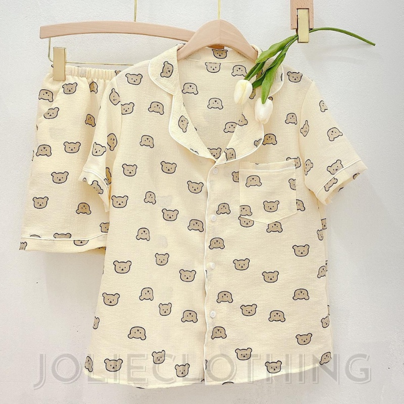 Đồ bộ pyjama mặc nhà tay ngắn, quần ngắn hình gấu, thỏ, vịt dễ thương, chất xốp