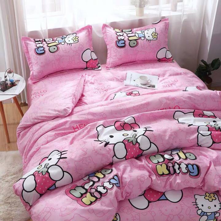 Bộ Chăn Ga Cotton Poly Kitty Hồng Nhạt 5 Món