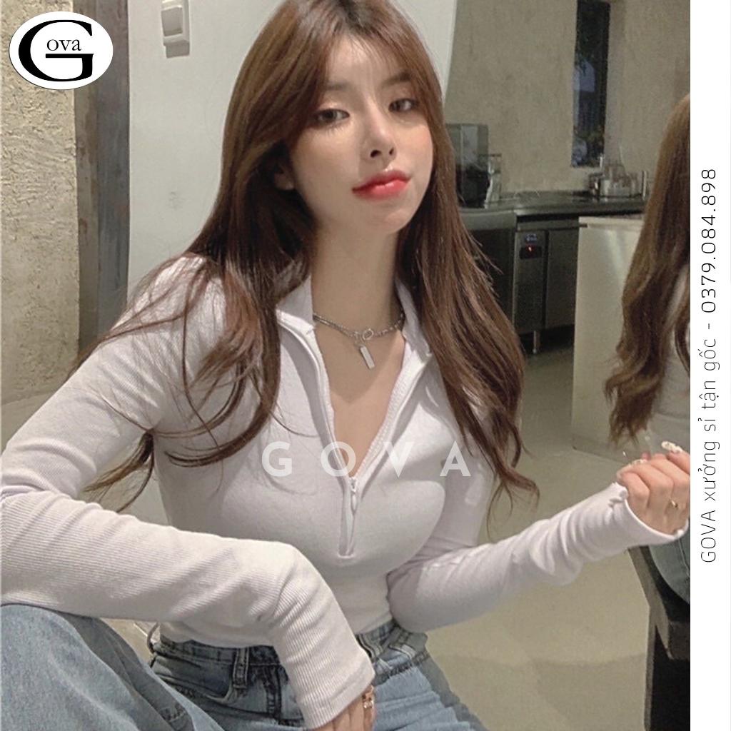 Áo Croptop cổ cao dây kéo Hot Chất Thun Ôm Mềm Mát, Áo tay dài ôm body hot trend sexy Gova