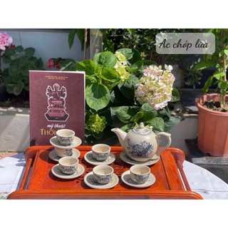 Ấm chén men rạn cổ Bát Tràng-bộ Chóp Lửa vẽ Sen