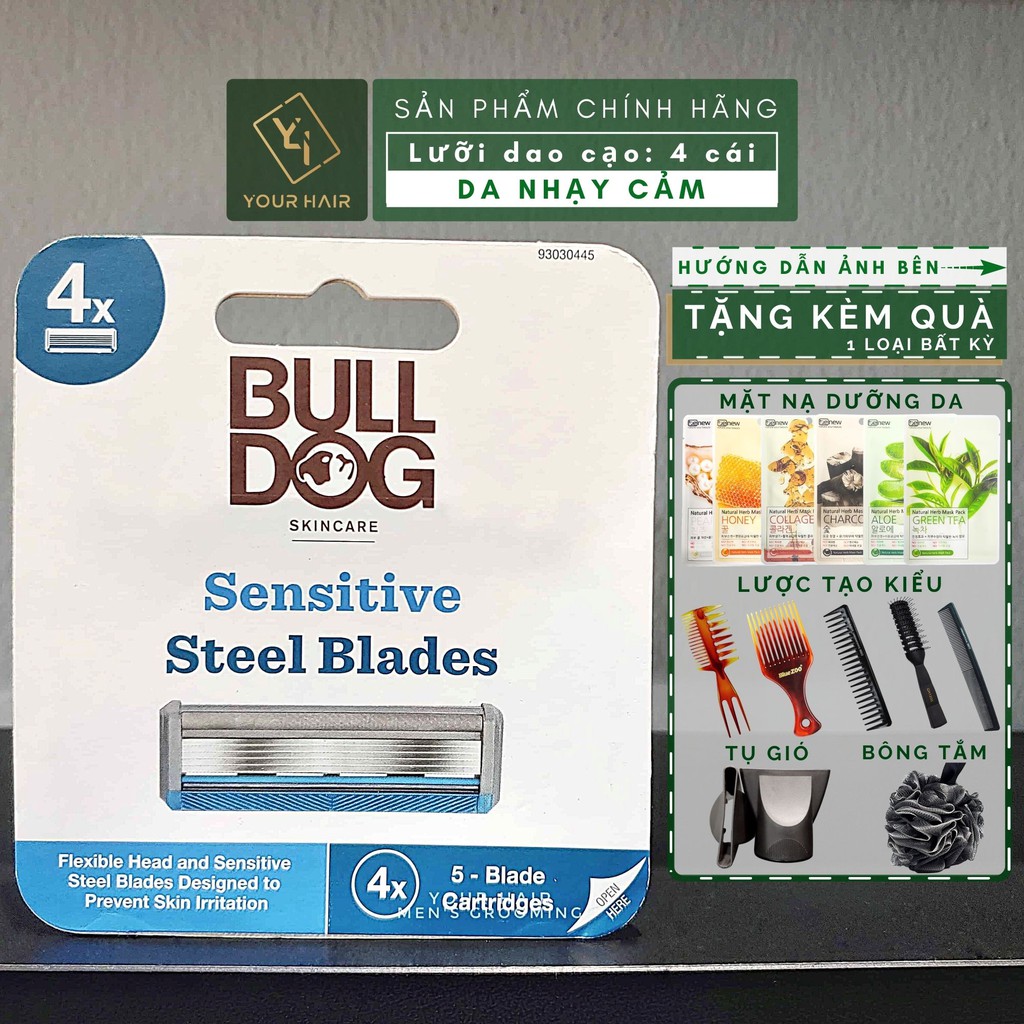 [Tặng kèm Quà] Bộ 4 lưỡi dao cạo cho da nhạy cảm Bulldog Sensitive Steel Blades | Nhập khẩu chính hãng UK