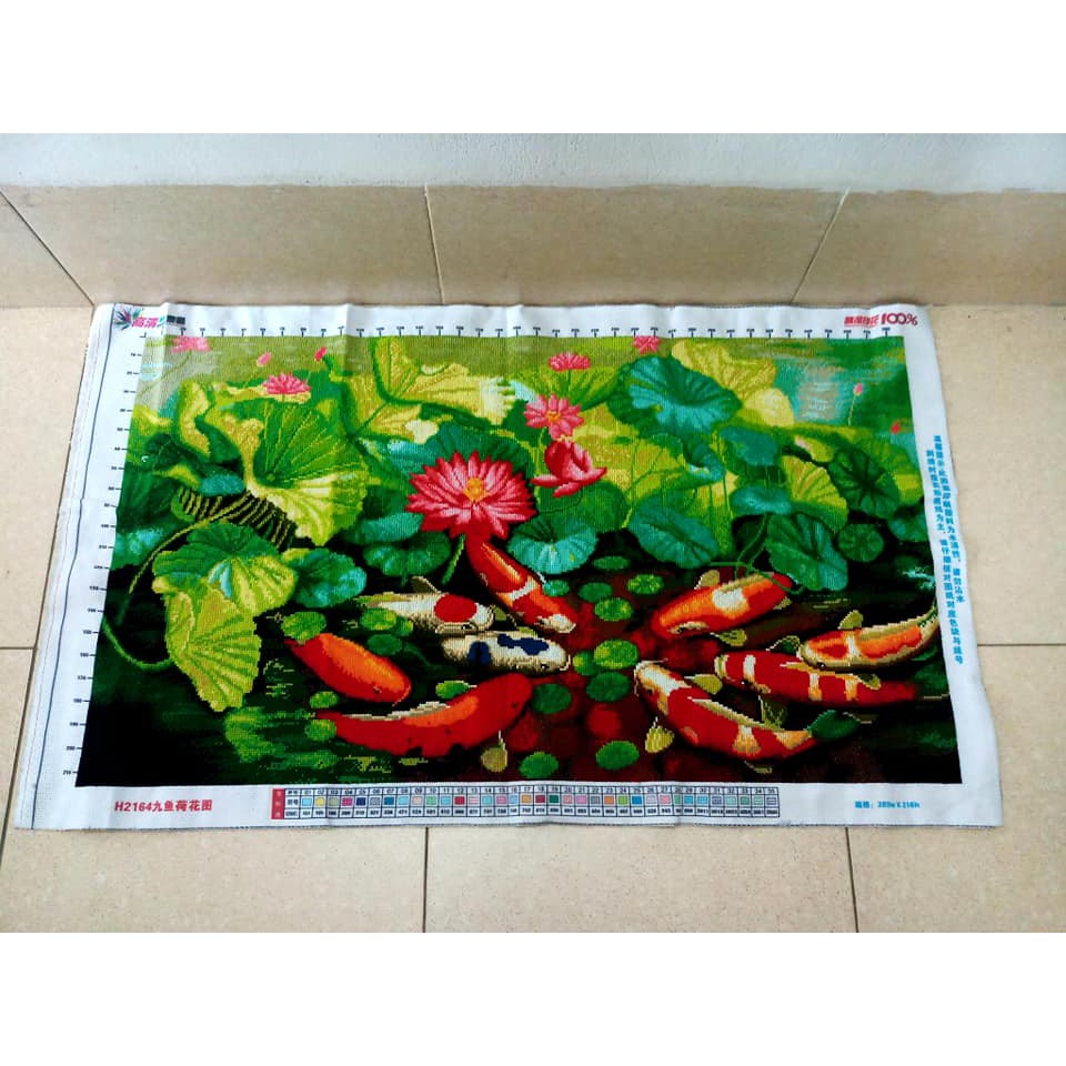 tranh thêu chữ thập cá chép hoa sen cửu ngư quần hội kt 100x60cm