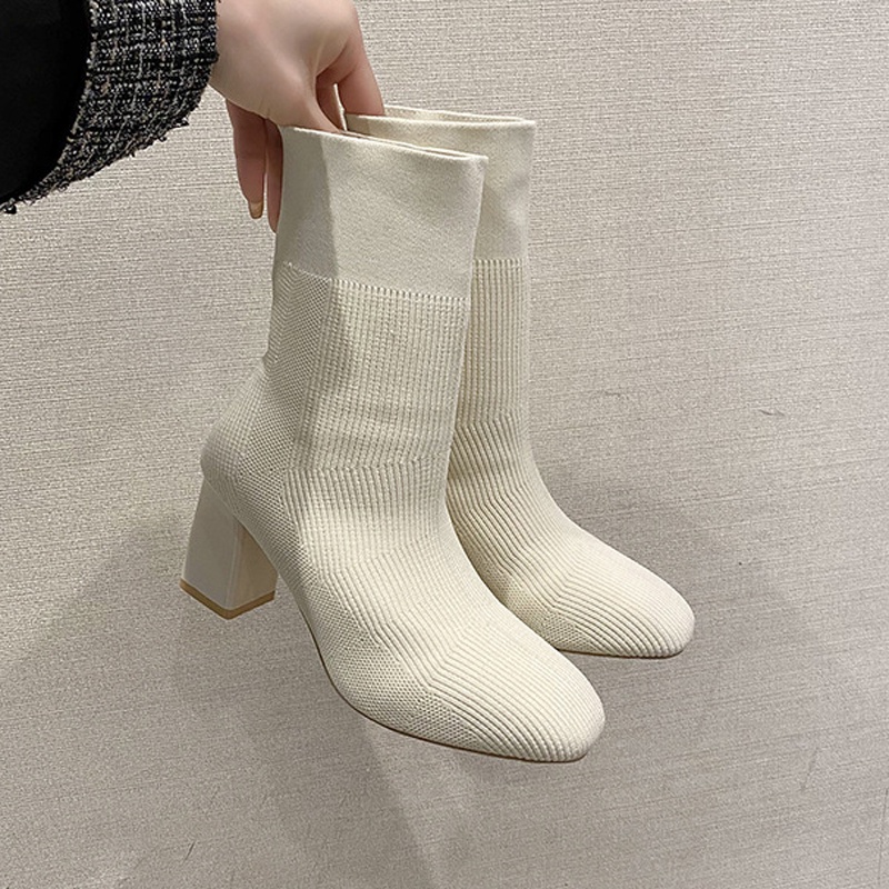 Giày boot IELGY cao gót mũi vuông bằng len co giãn thời trang dành cho nữ