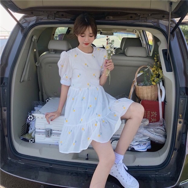 Đầm bông xoè ngắn tay cột dây lưng | BigBuy360 - bigbuy360.vn