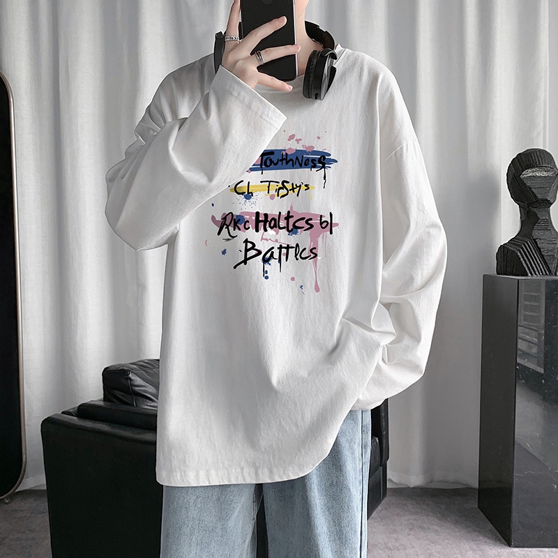 【M-5XL】Áo thun tay dài cổ tròn dáng rộng in chữ thiết kế đơn giản thoải mái thời trang mùa đông Nhật Bản cho nam